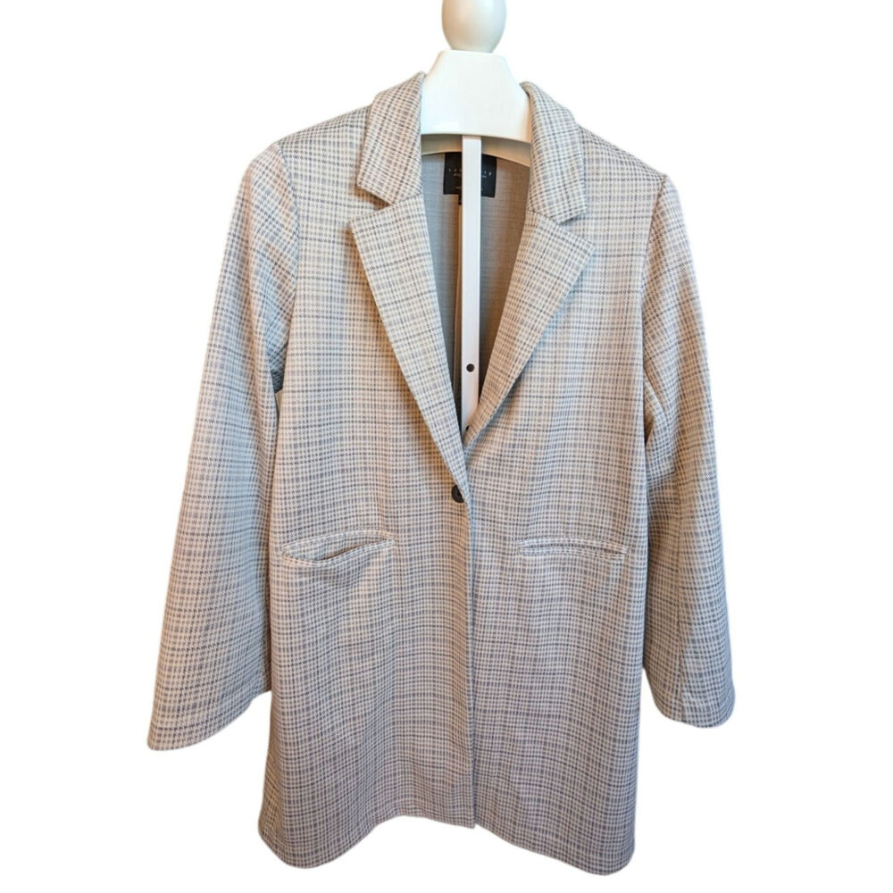 Office Siren Minimalist Sanctuary Plaid Longline Tailored Knit Blazer Coat L